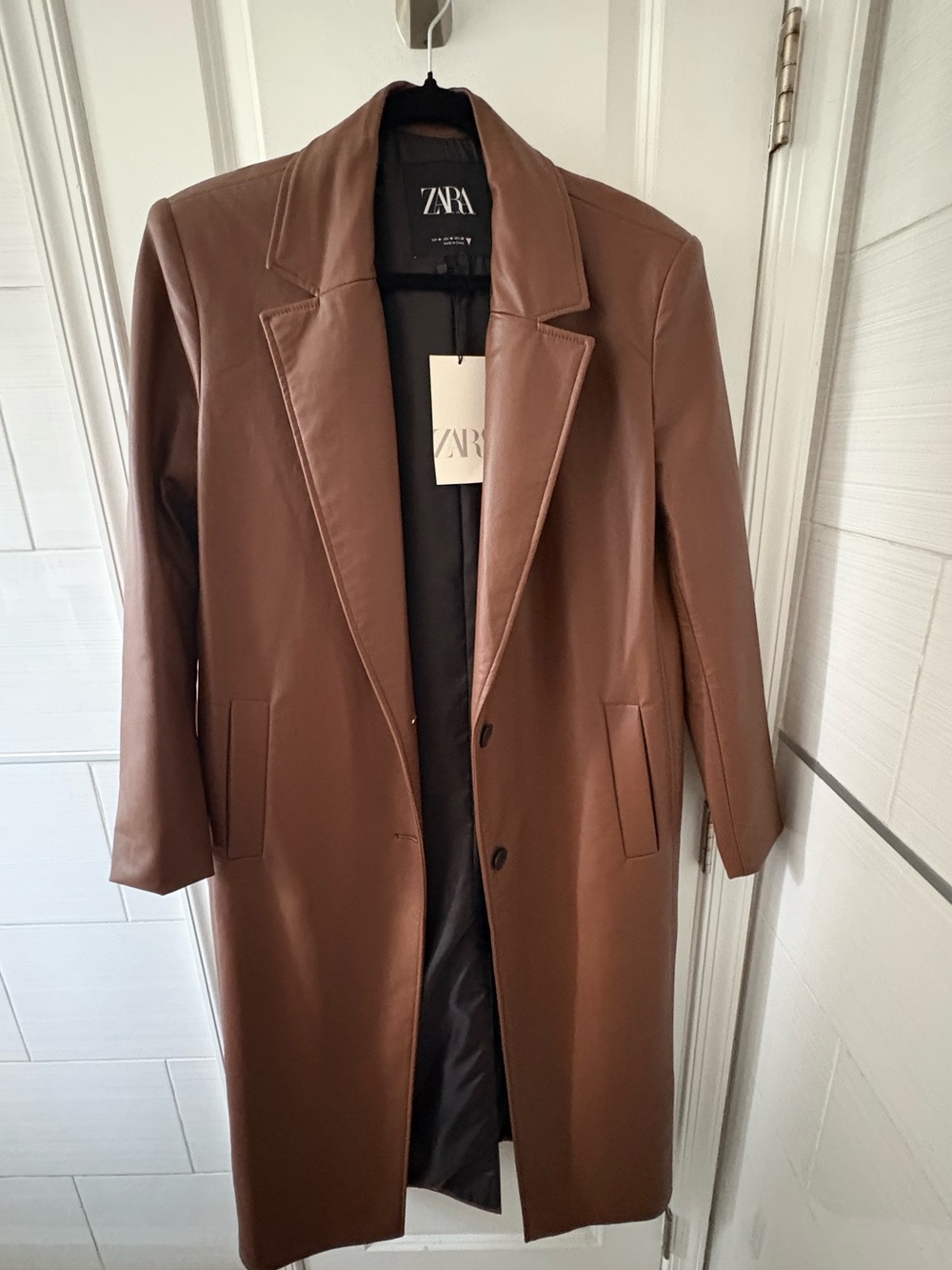 Zara Faux Leather Trench Coat Cognac Brown Size M
